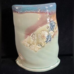 Pottery Vase CS Artisan Stamped Blue/Green/Brown 3D Floral accents. 8” H